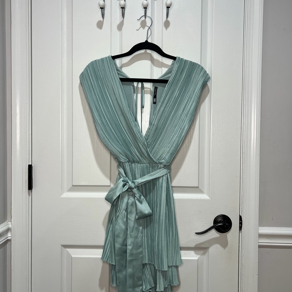 Zara Deep-Neck Pleated Romper in Mint